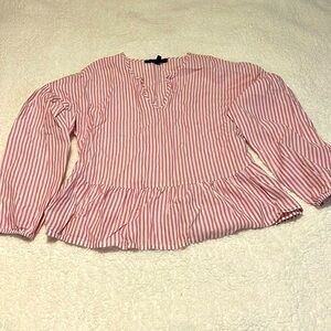 BCBG Red Pinstripe Peplum Long Sleeve Top Size S
